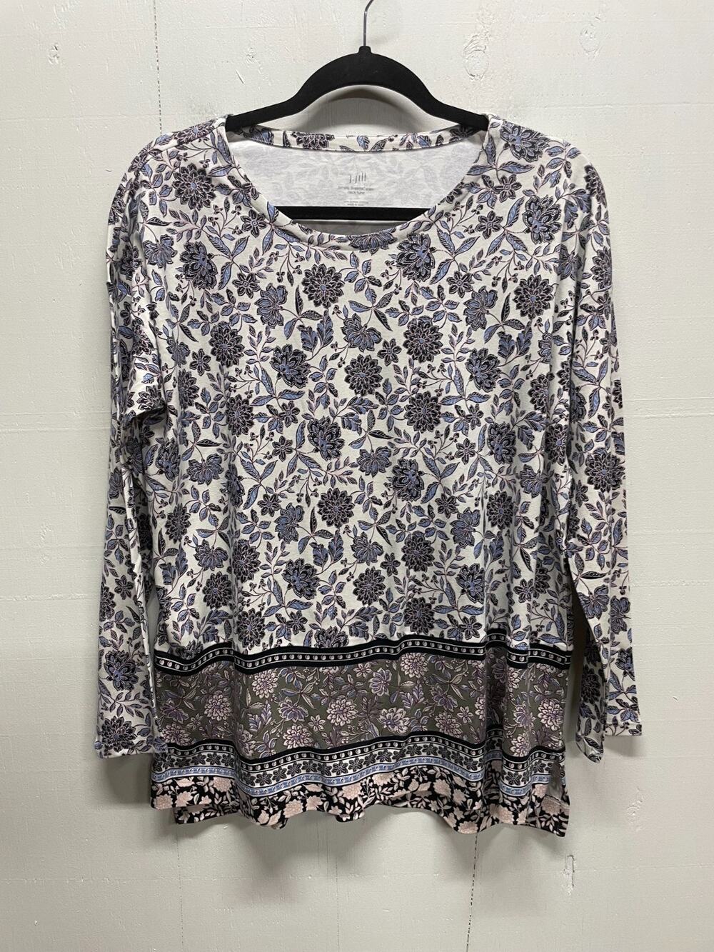 J. Jill Womens Crew Neck Tunic Size Medium Petite Blue Floral 100% Supima Cotton
